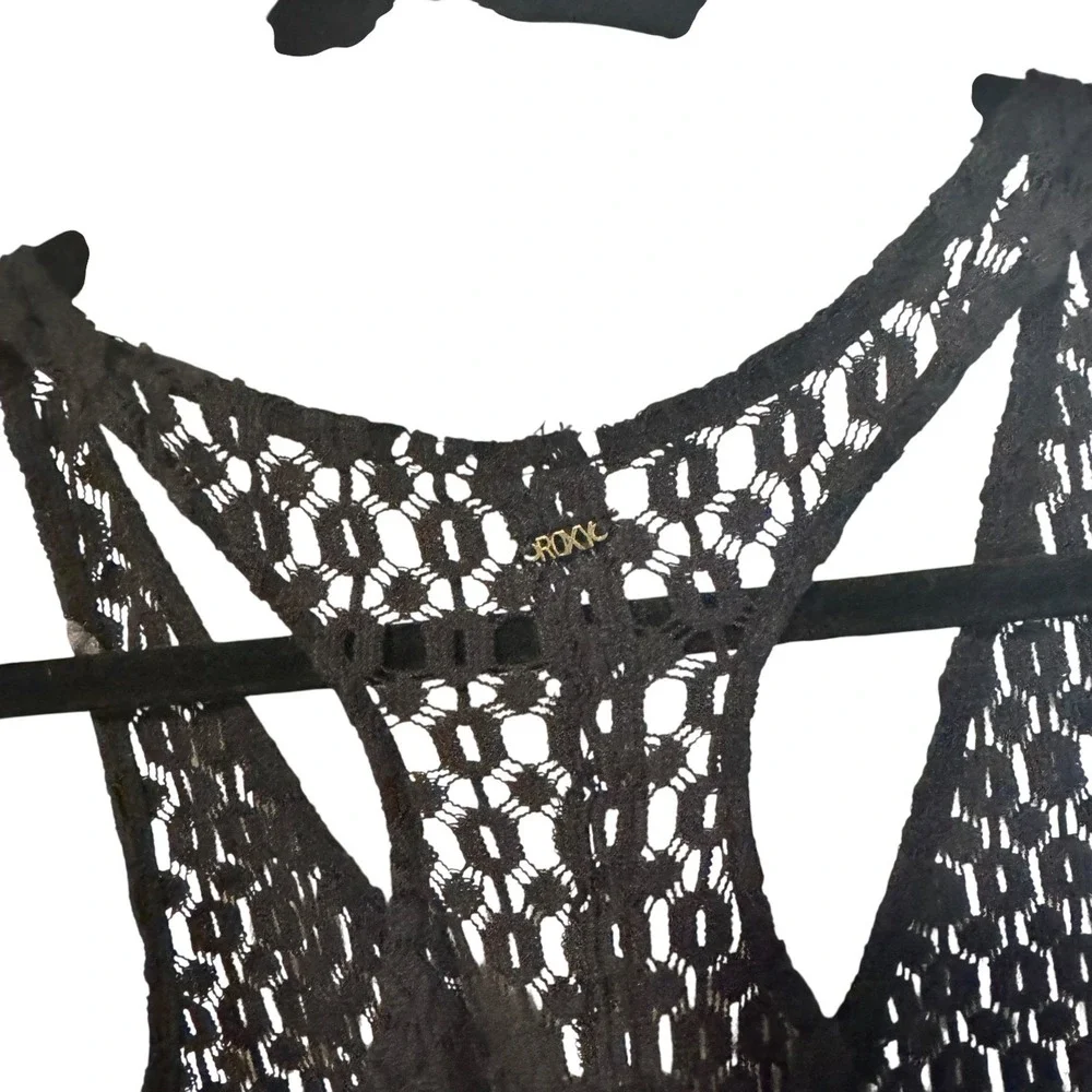 Roxy Black Crochet Knit Maxi Dress Cover Up Sheer Beach Vacation‎ Y2K Whimsygoth
